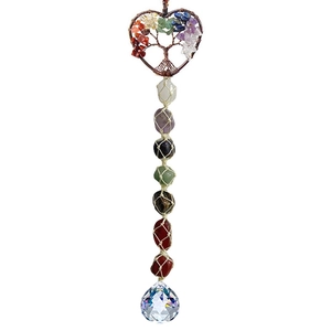 Detail of tree of life car charm with seven chakra natural stones and crystal prism ball
