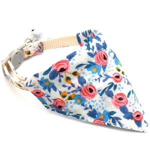 Adjustable floral pet bandana collar with cute pink blue flowers and a small silver bell