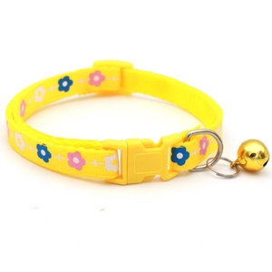 Adjustable yellow floral nylon pet collar with pink flower print and gold bell accessory