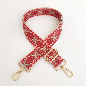 Detail of 3.8cm ethnic jacquard bag strap with geometric patterns and gold lobster clasps