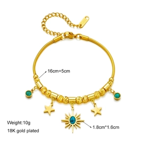 18K gold plated stainless steel bracelet with sun star charms and blue turquoise beads