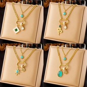 Vintage Layered Necklace Gold Plated Stainless Steel Turquoise White Shell Tree Of Life Pendant Bohemian Jewelry For Women