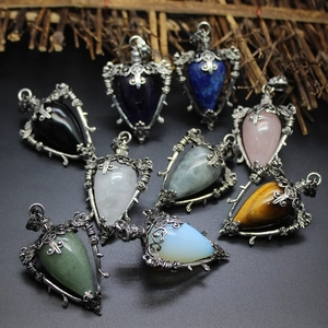 Natural Stone Pendulum Pendant Necklace Vintage Gothic Rose Thorn Pentagram Waterdrop Crystal Gemstone Jewelry For Women