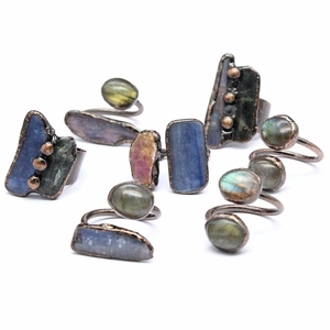 Vintage natural stone rings in oxidized metal settings with raw crystal gems for women