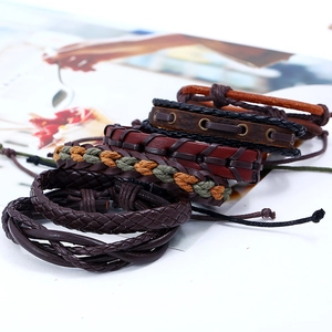 Set of five vintage multilayer braided leather bracelets for men in earth tone colors
