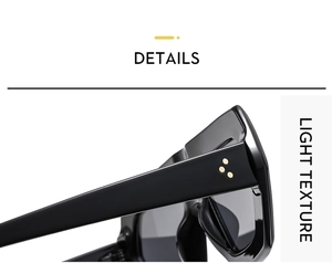 Detail view of bold black sunglasses with triple gold rivet decorations on the thick temple
