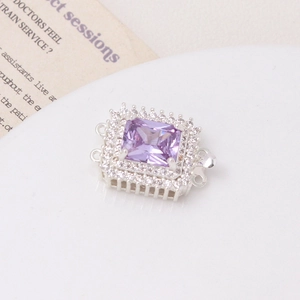 Detail of square purple zircon clasp connector with silver plating for DIY jewelry making