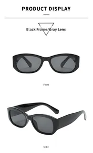 Vorder- und Seitenansicht der stilvollen schwarzen quadratischen Sonnenbrille mit grauen Gläsern