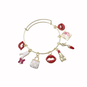 Bracciale rigido dorato con ciondoli moda come rossetto, labbra rosse e tacchi alti