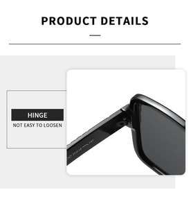 Detail of durable hinge structure on black square sunglasses with size specifications