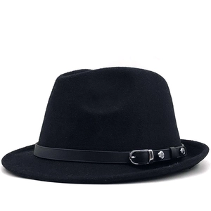 Classic black wool felt fedora hat with vintage leather belt and metal buckle decoration