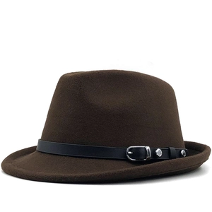 Detail of dark brown wool fedora hat featuring black leather belt and silver buckle