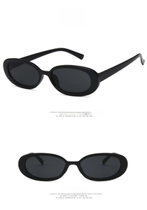 Detailed front and side views of oval retro sunglasses in bright black with gray lenses