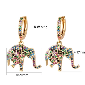 Detail view of gold elephant earrings with multicolored zircons and size annotations