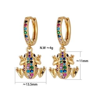 Macro shot of gold frog earrings with multi-colored zirconia stones and dimensions