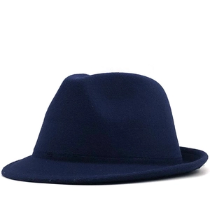 Front view of a navy blue wool fedora hat featuring a classic indented crown and flat brim
