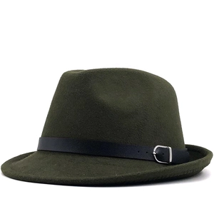 Classic dark green wool fedora hat with black faux leather belt and metal buckle
