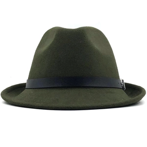 Detail of olive green wool fedora hat featuring a black faux leather band with silver buckle