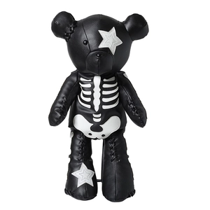 Fashionable black teddy bear backpack with white skeleton pattern and star patches