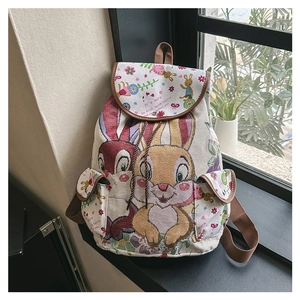 Ethnic style rabbit drawstring backpack with colorful embroidery and brown straps