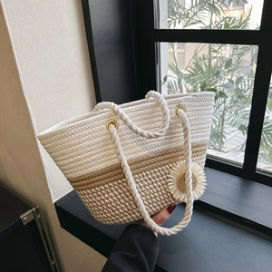 Woven Tote Bag Straw Cotton Rope Large Capacity With Bowknot Or Daisy Decoration Casual Summer Shoulder Bag For Women