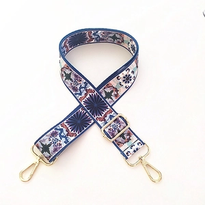 Adjustable wide replacement bag strap with ethnic geometric weave and gold metal hooks