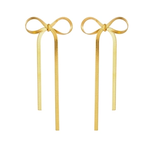 Elegant gold bow earrings with long tassel chain drops in high-quality stainless steel