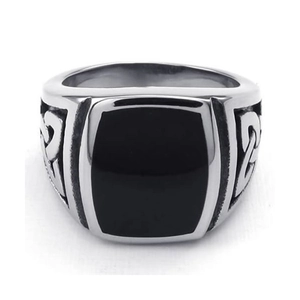 Nordic Viking stainless steel ring with black rectangular inlay and Celtic knot details
