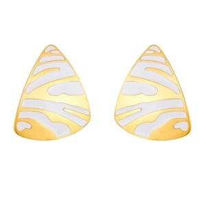 Vintage gold geometric triangle earrings with white enamel and abstract zebra patterns