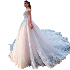 Elegant white ball gown wedding dress with lace embroidery, V-neck and long train
