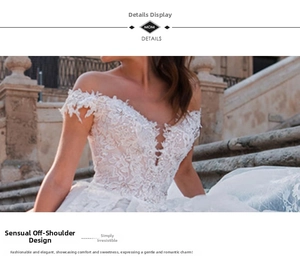 Detail of elegant off-shoulder lace neckline with intricate beadwork on bridal gown