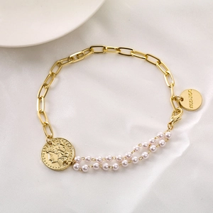 Elegant Asymmetric Bracelet For Women With Double Row Artificial Pearls And Alloy Link Chain Featuring Queen Head Coin Pendant