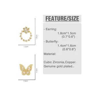Detailed size chart for butterfly earrings featuring cubic zirconia and gold plating