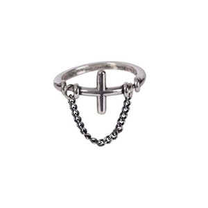 Minimalist silver cross ring with hanging chain detail in a trendy retro punk style
