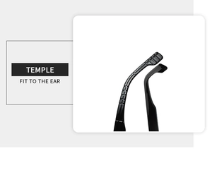 Detail view of ergonomic square rivet sunglasses temple arms with non-slip texture