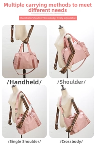 Pink fitness bag detail showing versatile carrying options including hand, shoulder and crossbody
