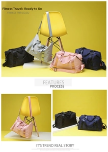 Waterproof fitness travel bags in black, grey, pink and blue with adjustable shoulder straps