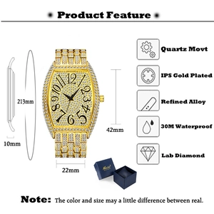 Detailed specs of luxury gold tonneau watch with full lab diamonds and 30M waterproof rating