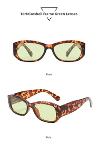 Vorder- und Seitenansicht der Schildpatt-Sonnenbrille mit hellgrünen transparenten Gläsern