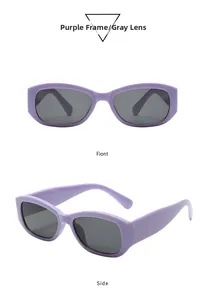 Detailansicht der lila ovalen Sonnenbrille mit grauen Gläsern von vorne und der Seite