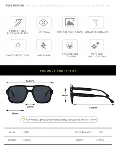 Detailed size chart for square sunglasses with 148mm frame width and PC material specs