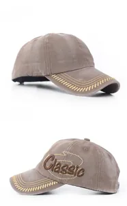 Détails des coutures sur la visière et broderie classique sur la casquette délavée