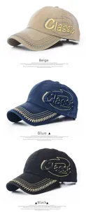 Détail de casquettes vintage avec broderie 3D Classic et coutures épaisses artisanales