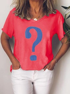 Close-up of red short sleeve V-neck t-shirt featuring a blue question mark print