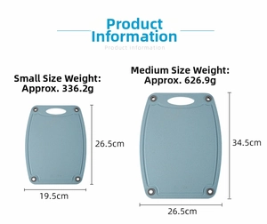 Size chart for wheat straw cutting boards showing small and medium dimensions and weights