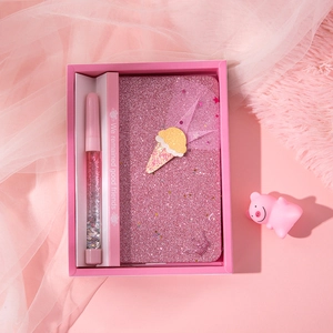 Pink mermaid notebook gift set with sequined ice cream cover and glitter flowing sand pen