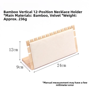 Bamboo necklace display stand with 12 slots and beige velvet finish showing product dimensions
