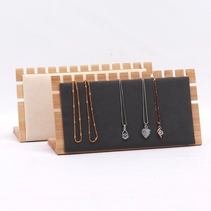 Bamboo and wood necklace display stand set in beige and dark gray microfiber finish
