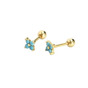 S925 silver four-leaf clover screw back stud earrings with turquoise stones in gold