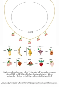 Detailed dimensions of 18K gold plated fruit necklace with colorful zircon pendants
